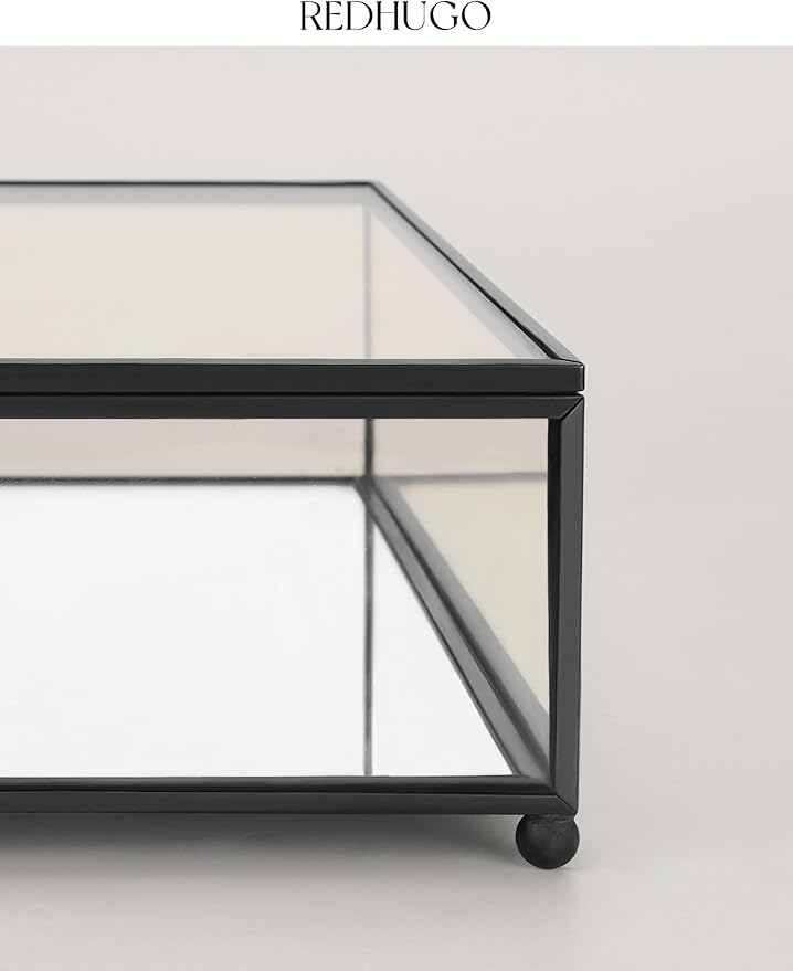 Large Glass Boxes for Display Handmade, Mirrored Bottom, Glass Jewelry Trinket Box with Lid, for Book, Photo, Keepsake Organizer, Display Case for Vanity Decor Home Dresser, Black