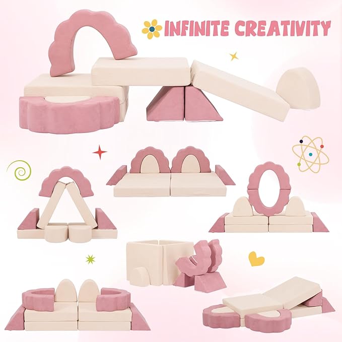 Flower Kids Play Couch 10PCS Toddler Couch High Density Foam Sectional Sofa Playroom Kids Furniture for Girls and Boys Bedroom (Pink)