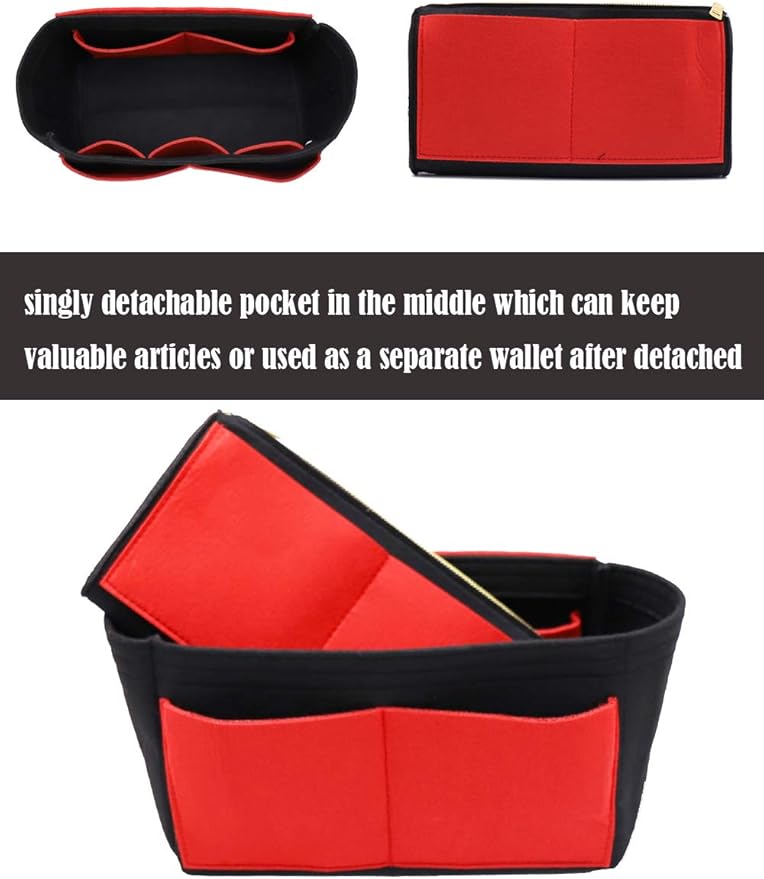 LEXSION Felt Purse Bag Organizer Insert with zipper Bag Tote Shaper Fit Speedy Neverful PM MM 8021 Black-red L2