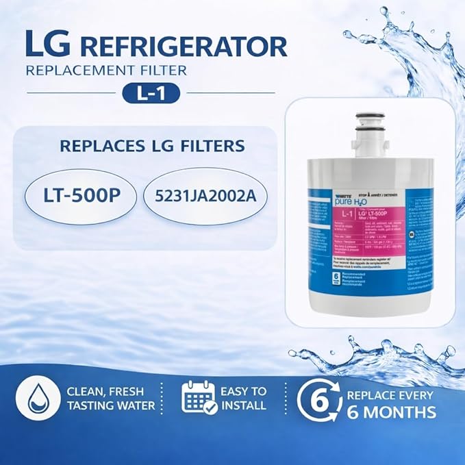 Watts L-1 LG Refrigerator Water Filter Replacement Cartridge, Compatible with ADQ36006101, 6-Month/300 Gallon Life, Reduces Lead, Chlorine & Odor, NSF Certified