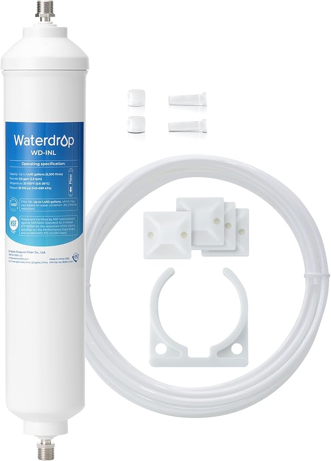 Waterdrop INL Inline Water Filter for Refrigerator and Ice Maker, 1 Year NSF Certified High Capacity Drinking Water Filtration System, Reduces Chlorine, Sediment, Bad Taste & Odor