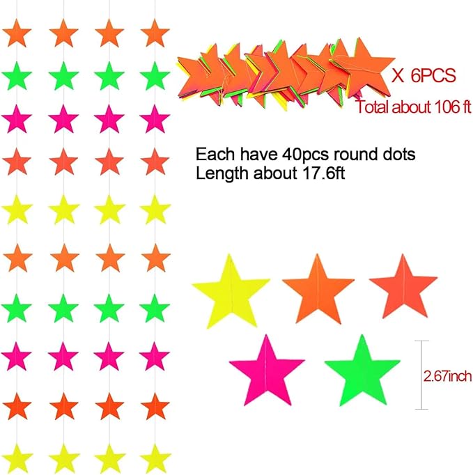 106feet Glow in The Dark Neon Star Paper Garland Under Blacklight for Birthday Party Supplies and Decorations Hanging Fluorescent Green Pink Streamers for Party Favors Wedding Accessories