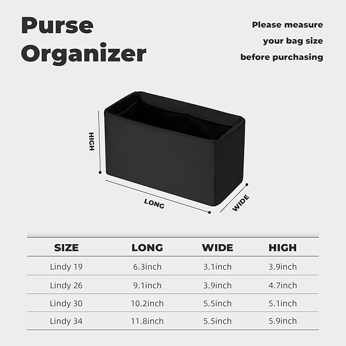 Purse Handbag Silky Organizer Insert Keep Bag Shape Fits Herme Lindy 19/26/30/34 bags, Luxury Handbag Tote Lightweight Sturdy(Black,LD 26)