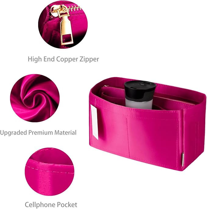 ZTUJO Purse Organizer Insert For Handbags, Purse Organizer With Zipper, Neverfull Organizer, Bag Organizer For Speedy Neverfull ONTHEGO Tote, Handbag and More (Silky Rosy, Large)