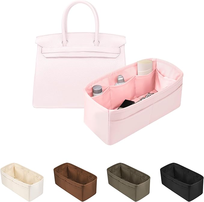 Purse Organizer Insert for Birkin 20, Lightweight & Soft Satin Organizer Insert with Pockets for Woman Bags, Ideal for Travel, Shopping, and Daily Use, Multicolor Options(Pink, BK 20)