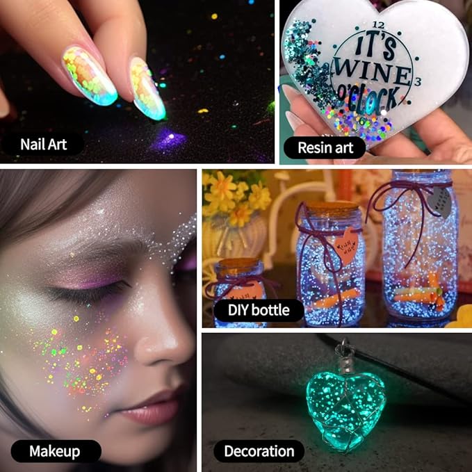 Glow in The Dark Glitter 15 Jar - 12 Colors Glow Glitter and 3 Colors Gold Foil Flakes, High Luminous Glitter for Resin Crafts, Cosmetic, Nail, Glowing Dye for DIY