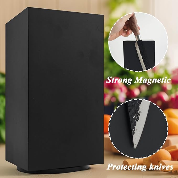 Resafy Black Magnetic Knife Wooden Block 360 Rotatable Knife Holder Rack Magnetic Stands with Strong Enhanced Magnets Kinves Strip，Modern Black Style