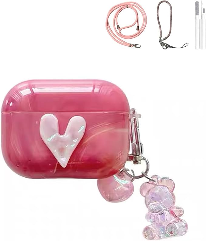 Pink Marble with 3D Raised Heart Silicone Case for AirPods Pro 3 (2025) - Cute Shockproof Cover with Detachable Long Neck Lanyard, Travel Keychain, MagSafe Compatible,for Women