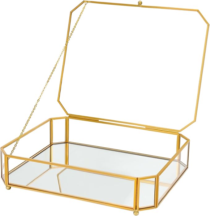 Large Glass Boxes for Display Handmade, Mirrored Bottom, Glass Jewelry Box with Lid, Trinket Box Book Photo Keepsake Organizer, Display Case for Vanity Decor Home Dresser, Octagon, Gold