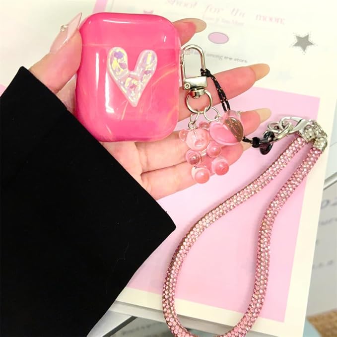 Silicone Case for AirPods 1st/2nd Generation;Women's Pink Marble Shock-Resistant Cover with 3D Heart Design, Adjustable Neck Strap & Keychain, Travel-Friendly Protective Case for Girls Women