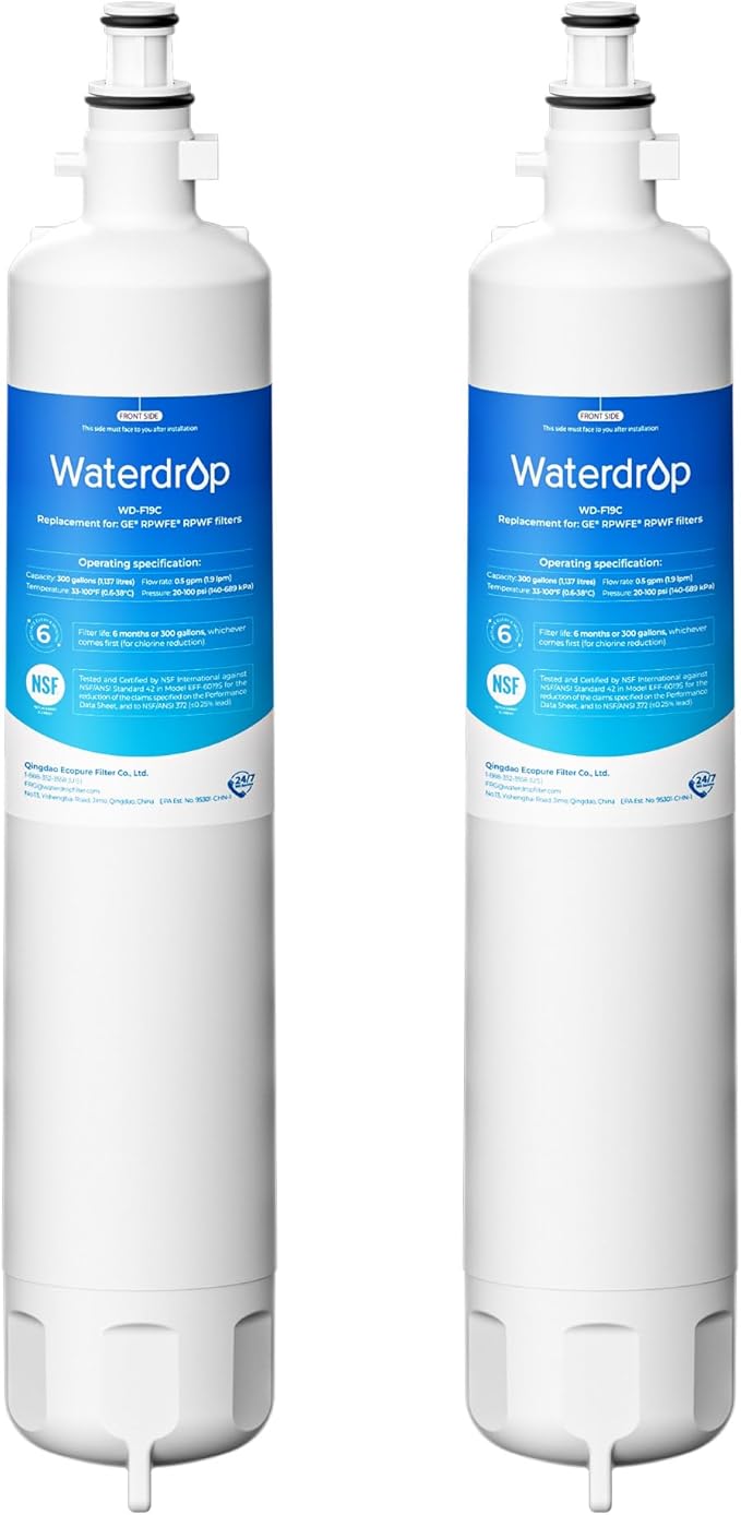 Waterdrop Replacement for GE® RPWFE®, RPWF (Built-in CHIP) Refrigerator Water Filter, Compatible with GFE28GYNFS, GFE28GELDS, PFE28KELDS, PFE28KYNFS, GFD28GELDS, PWE23KELDS, 2 Filters