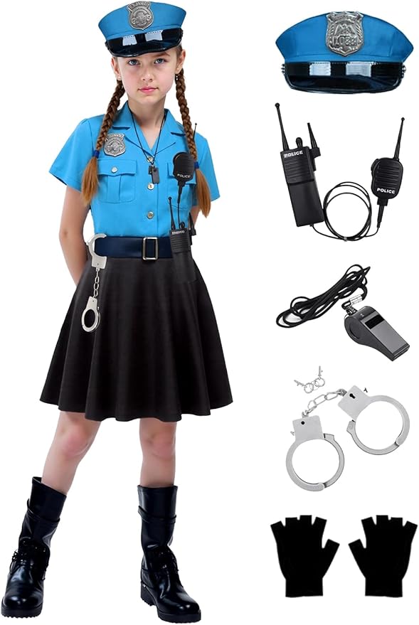 Police Costume for Girls,Police Officer Costume for kids Halloween Costumes for Girl,Cop Outfit Uniform for Girls