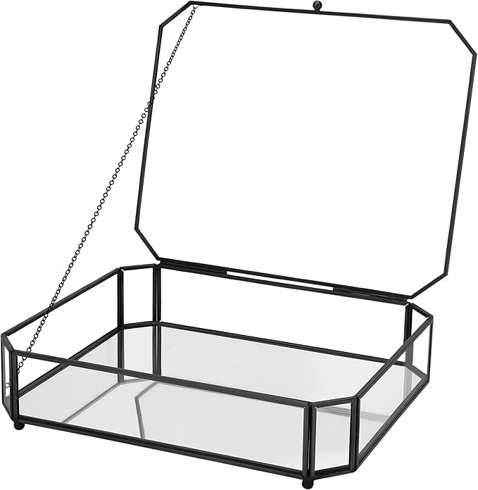 Large Glass Boxes for Display Handmade, Mirrored Bottom, Glass Jewelry Box with Lid, Trinket Box Book Photo Keepsake Organizer, Display Case for Vanity Decor Home Dresser, Octagon, Black