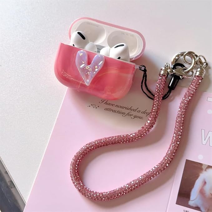 Compatible with AirPods Pro1st/2nd Gen (2023/2022/2019) Case:Pink Marble Silicone Cover with 3D Heart Design,Shockproof Protective Case with Long Adjustable Neck Strap & Keychain for Women Girls,Cute