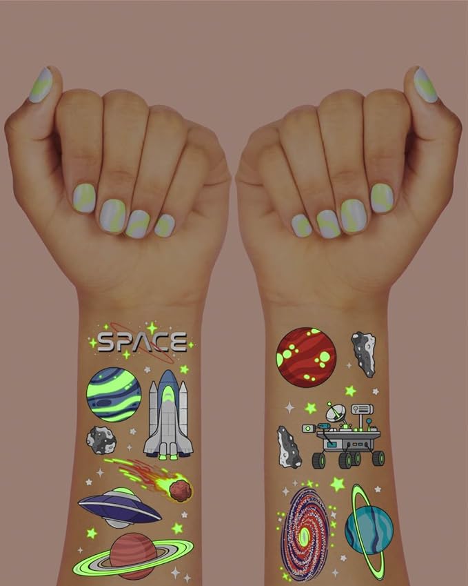 xo, Fetti Space + Planets Glow in Dark Temporary Tattoos for Kids - 50 pcs | Alien Birthday Party Supplies, Astronaut Favors + Rocket ship Decorations