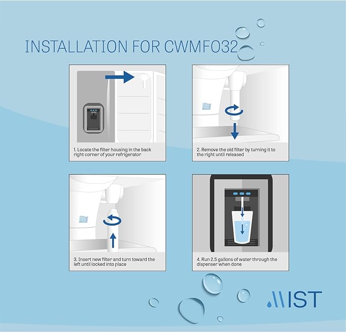 Mist MSWF Water Filter Replacement for GE, Refrigerator Water Filter compatible with 101820A, 101821B, 101821. GE MSWF WaterFilter (3 pack)