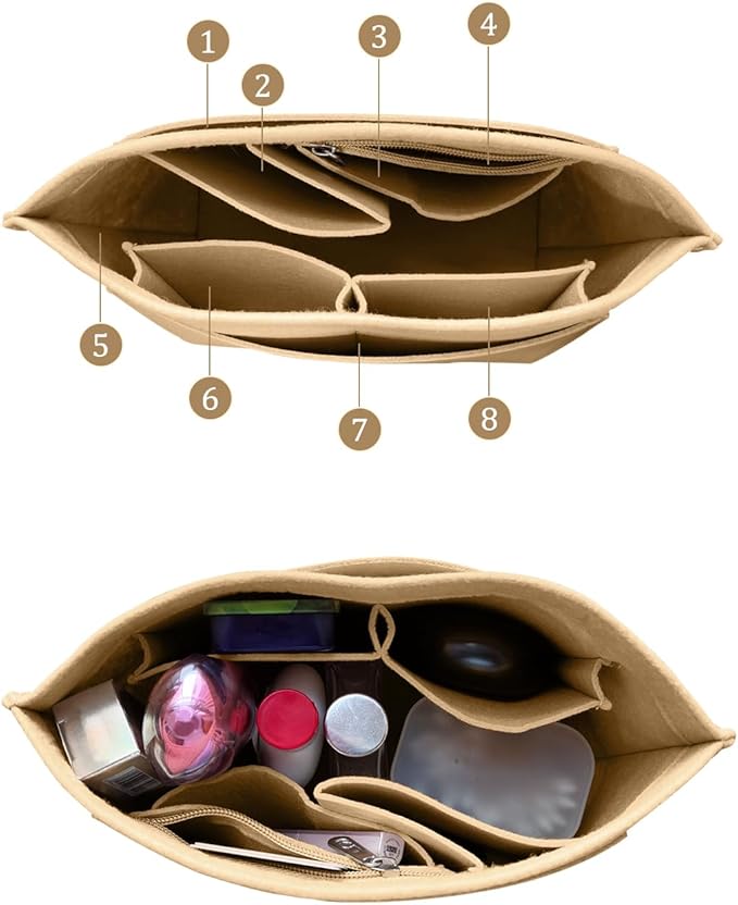 Chispee Handbag Organizers for Longchamp Felt Purse Divider Organizer Insert Pocket & Zipper Inner Bag Liner fit Large, Khaki