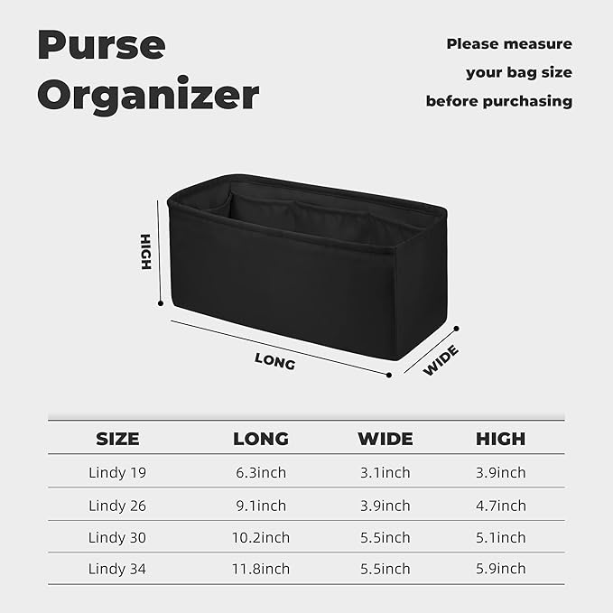 Purse Handbag Silky Organizer Insert Keep Bag Shape Fits Herme Lindy 19/26/30/34 bags, Luxury Handbag Tote Lightweight Sturdy(Black,LD 19)