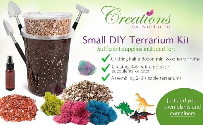 Terrarium Kit – DIY Terrarium Kit for Succulents, Cacti & Air Plants, Includes Premium Soil, Moss, Pebbles & Tools, Plant Starter Kit, Closed Terrarium Supplies, Handmade in USA