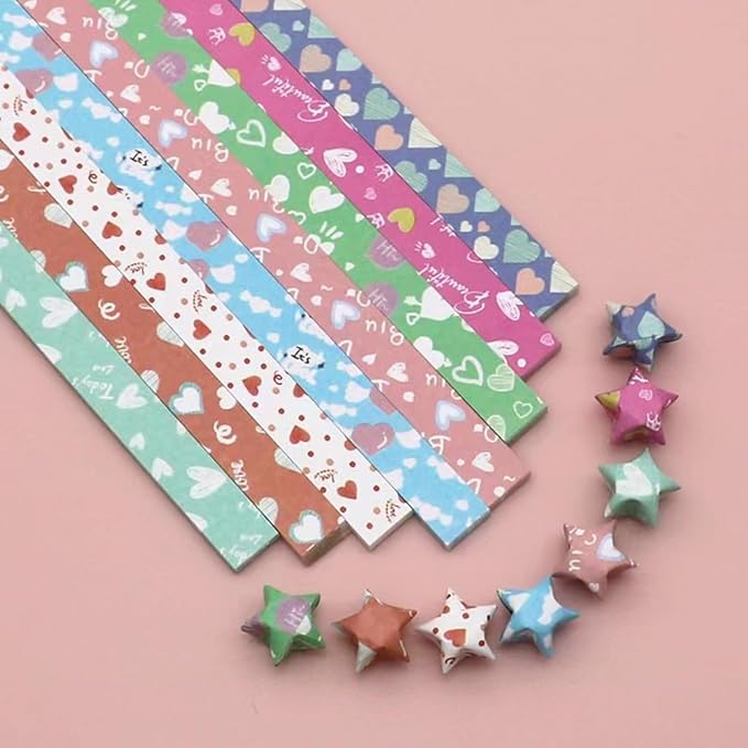 Handmade paper stars with star origami strips and heart-shaped patterns (540 sheets)