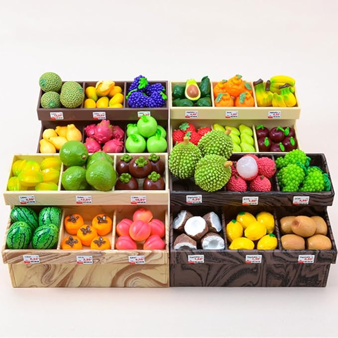 1/20 Scale Mini Realistic Fruit Rack Model, Miniature Kitchen Supermarket Props, Food-Play Accessory Set (Apricot-Colored Rack with Brown Wood-Grain Shelving + 12-Style 60-70 Random Fruits + 2 Fruit B