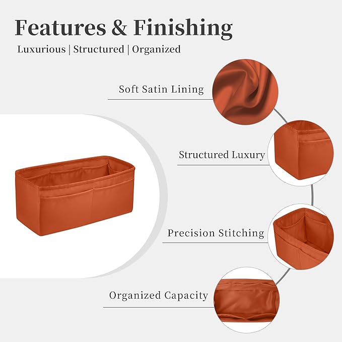 Purse Organizer Insert for Birkin 30, Lightweight & Soft Satin Organizer Insert with Pockets for Woman Bags, Ideal for Travel, Shopping, and Daily Use, Multicolor Options(Orange, BK30 Retourne)