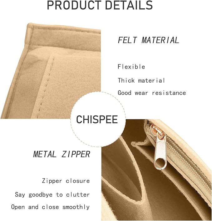 Chispee Handbag Organizers for Longchamp Felt Purse Divider Organizer Insert Pocket & Zipper Inner Bag Liner fit Large, Khaki