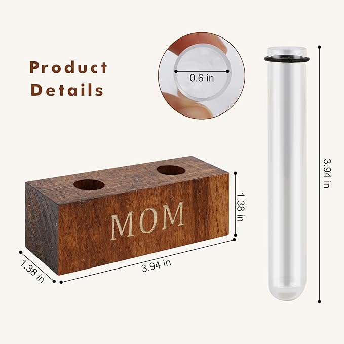 Mini Magnetic Wooden Vases with MOM & Love You Engraving - Wood Blocks with Test Tubes, Tabletop & Fridge Decor, Mom Gifts from Daughter, Unique Birthday Gifts for Mom from Son (Walnut)