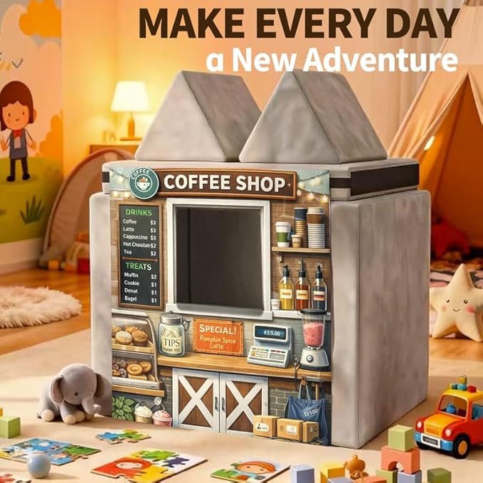 Foam Play Couch Panels - Coffee Shop Theme,Soft Sofa Accessories,Modular Play Panels,33.5x37 Inches,Barista Counter Design with Drinks and Treats Displ