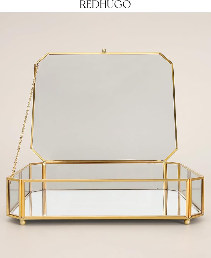 Large Glass Boxes for Display Handmade, Mirrored Bottom, Glass Jewelry Box with Lid, Trinket Box Book Photo Keepsake Organizer, Display Case for Vanity Decor Home Dresser, Octagon, Gold