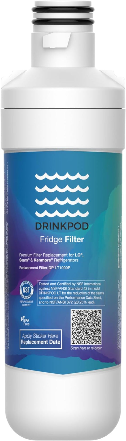 DRINKPOD Compatible with LT1000PC ADQ747935 MDJ64844601 Refrigerator Water Filter, Replacement for LG® LT1000P®, ADQ74793501, ADQ74793502,46-9980, 9980, LFXC24796S, LSFXC2496D, NSF Certified