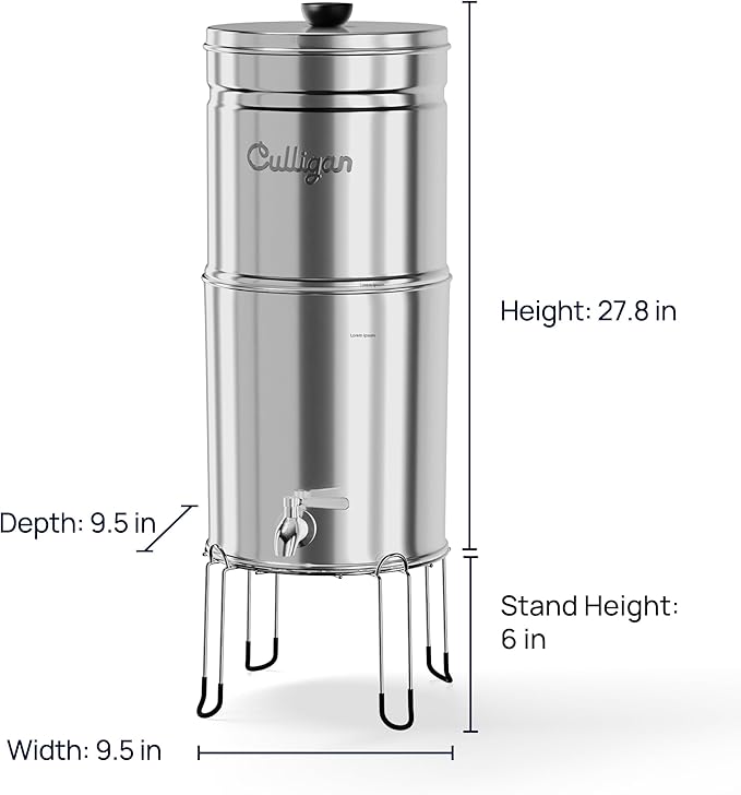 Culligan MaxClear 3 Gallon Gravity Water Filter System, Polished Stainless-Steel Countertop Water Filter NSF/ANSI Certified to Reduce Microplastics, Lead & Total PFAS, with 1 Ceramic Filter