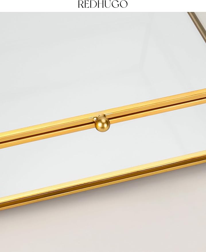 Large Glass Boxes for Display Handmade, Mirrored Bottom, Glass Jewelry Trinket Box with Lid, for Book, Photo, Keepsake Organizer, Display Case for Vanity Decor Home Dresser, Gold
