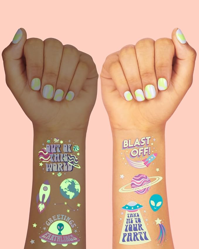 xo, Fetti Space + Planets Glow in Dark Temporary Tattoos for Kids - 50 pcs | Alien Birthday Party Supplies, Astronaut Favors + Rocket ship Decorations