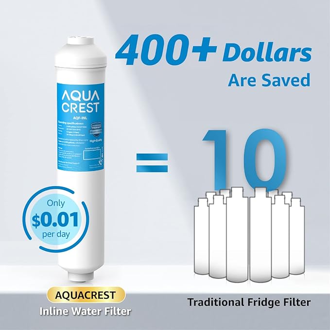 AQUA CREST INL 5 Years Inline Water Filter for Ice Maker with 1/4-Inch Direct Connect Fittings, Idea for Ice Maker, Refrigerator, RV, Inline Refrigerator Water Filter Reduces Chlorine, Taste& Odor