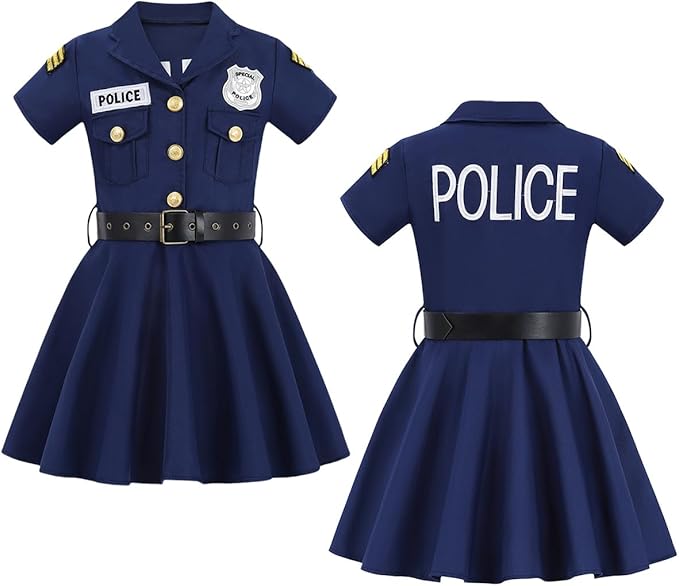Halloween Police Officer Costume Dress Girls Kids Cop Thief Cosplay Outfits with 9 Pcs Accessories