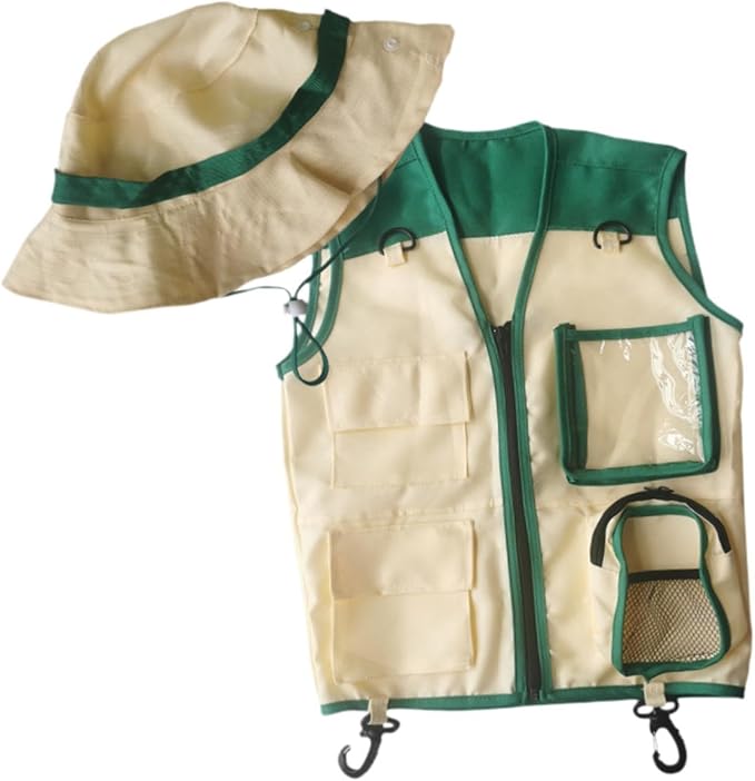 Kids Explorer Vest and Hat Outdoor Adventure Kit Role Play Costume for Fishing Paleontologist Hiking Birthday Gift, Green