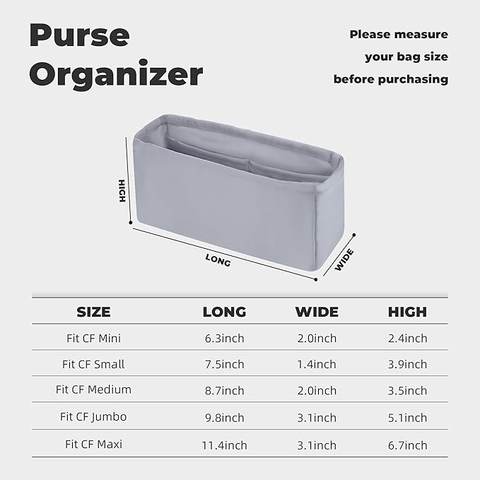 Purse Handbag Silky Organizer Insert Keep Bag Shape Fits Chanel Classic Flap CF Mini Square 17/20/Small/Medium/Jumbo/Maxi Bags, Luxury Handbag Tote Lightweight Sturdy(CF Maxi 33,Bleu pale)