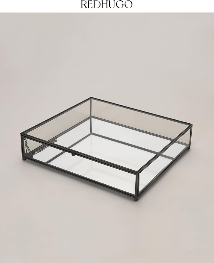 Large Glass Boxes for Display Handmade, Mirrored Bottom, Glass Jewelry Trinket Box with Lid, for Book, Photo, Keepsake Organizer, Display Case for Vanity Decor Home Dresser, Black