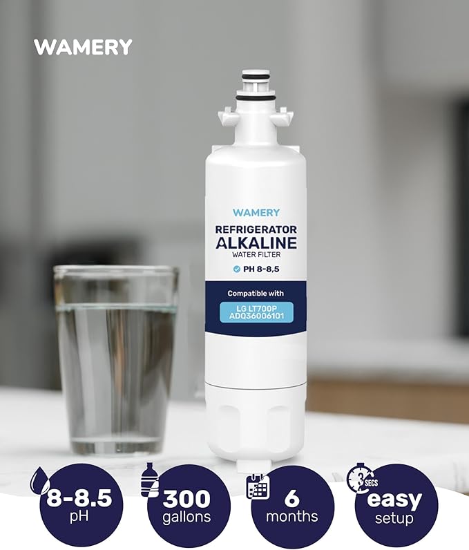 Wamery Alkaline Refrigerator Water Filter Replacement - Model LT700P/LT700PC (ADQ36006101), 6-Month/200-Gallon Life, Twist-In Tool-Free Install, IAPMO to NSF/ANSI 42, Leak-Free Seal, 1 Pack