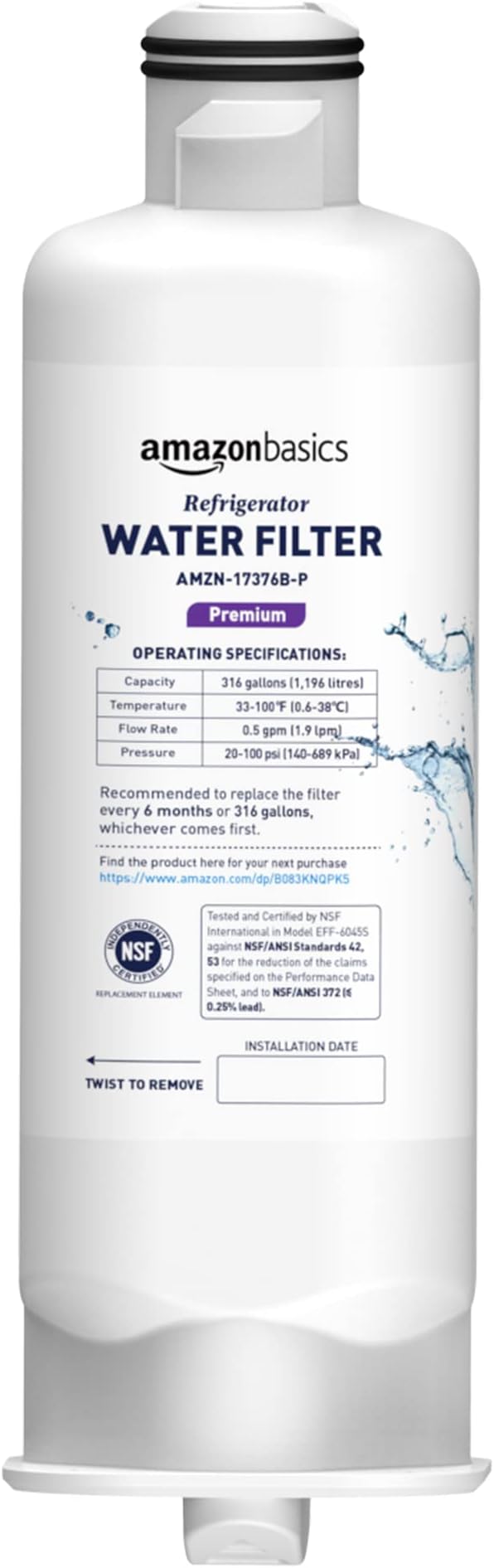 Amazon Basics Replacement Samsung DA97-17376B, HAF-QIN/EXP Refrigerator Water Filter, 1-Pack, Premium Filtration