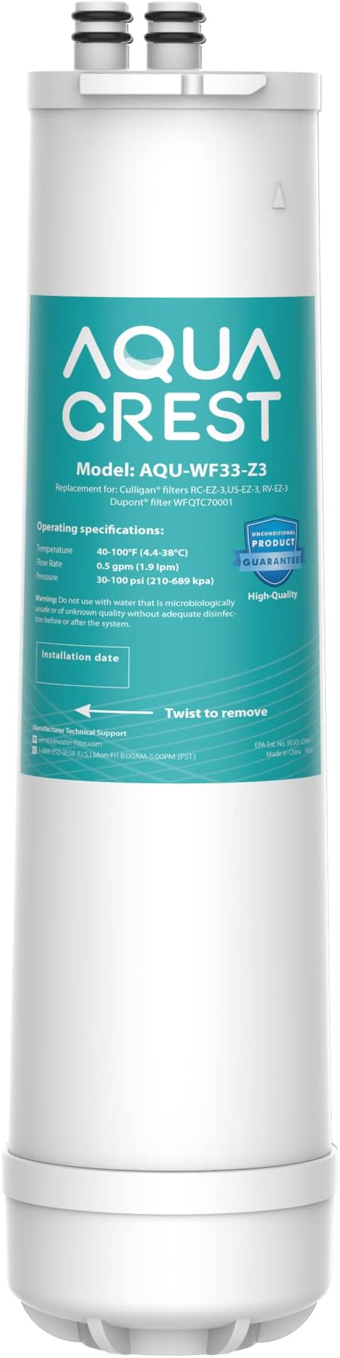 AQUA CREST RC EZ 3 Water Filter, Replacement for Culligan ®RC-EZ-3, US-EZ-3, RC-EZ-1, Brita® USF-201, USF-202, DuPont® Carbon 3000QT Filter, 2K Gallons