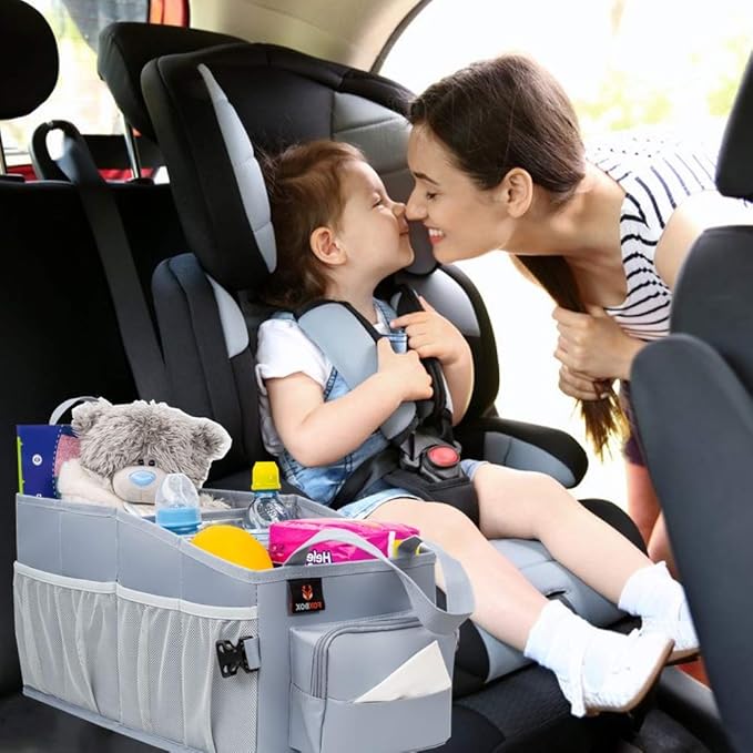 Easy-to-Reach Kids Car Organizer with Tissue Box and Cup Holder for Back Seat, Front Seat, Between Seats, Floor - Tote Car Storage Organization for Toddlers - Kids Road Trip Travel Essentials (Grey)