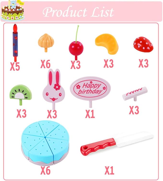 38 PCS DIY Cutting Birthday Party Cake Model Ornament Pretend Kitchen Food Set, DIY Fruit Cutting Kitchen Pink/Blue Cut Cake Gift (38PCS Blue)