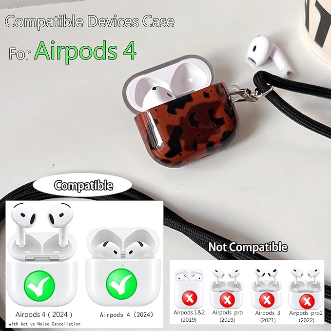 for AirPods 4 Case - Black Brown Leopard Print Design, Soft TPU Protective Cover with Detachable Neck Strap & Hand Strap, Shockproof Travel Accessories for Women Men (Stylish, Cute, Unisex)