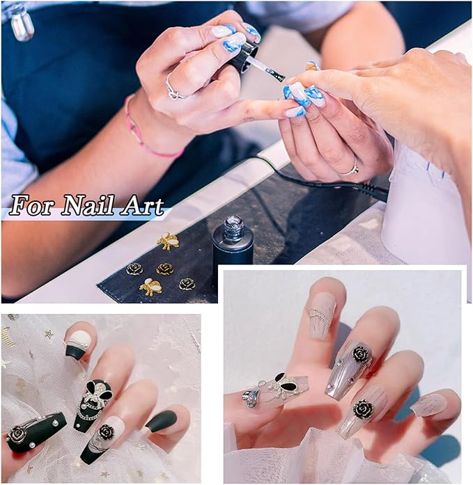 60Pcs Y2K Nail Charms Antique 3D Alloy Rose Bee Nail Cabochons Nails Art Charms Flower Nails Stickers Enamel Bee Charm for Women DIY Manicures Crafts Jewelry Making