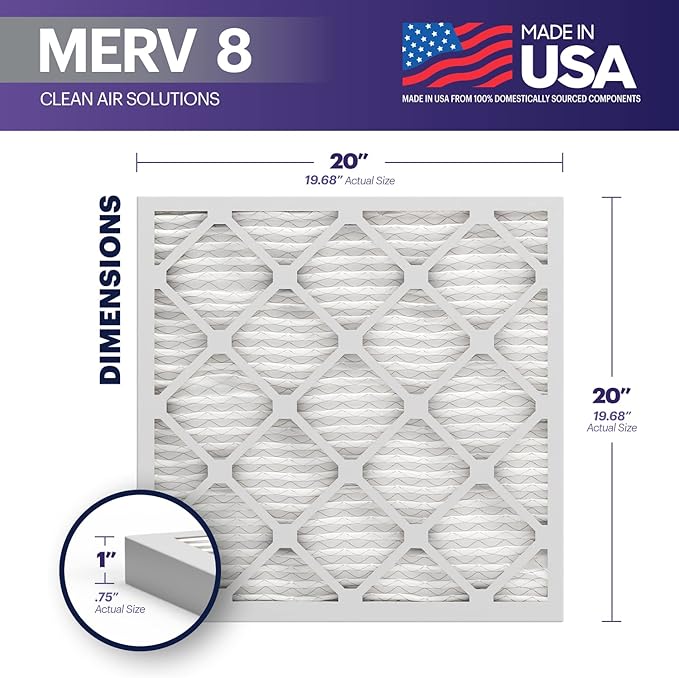 BNX 20x20x1 MERV 8 Air Filter 2 Pack - MADE IN USA - Electrostatic Pleated Air Conditioner HVAC AC Furnace Filters - Removes Dust, Mold, Pollen, Lint