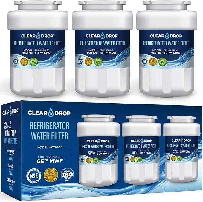 MWF Refrigerator Water Filter, Replacement for GE MWF, MWFP, MWFA, GWF, SmartWater, HDX FMG-1, WFC1201, GSE25GSHECSS, PC75009, RWF1060, 197D6321P006, NSF 42 and 372 Certified, (3 Pack)
