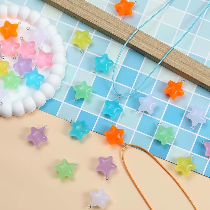 LUBINGSHINE 30pcs Glowing Solar Luminous Star Heart Moon Charms, Mixed Resin Glow in The Dark Star Pendant for DIY Jewelry Craft Making Party Decoration