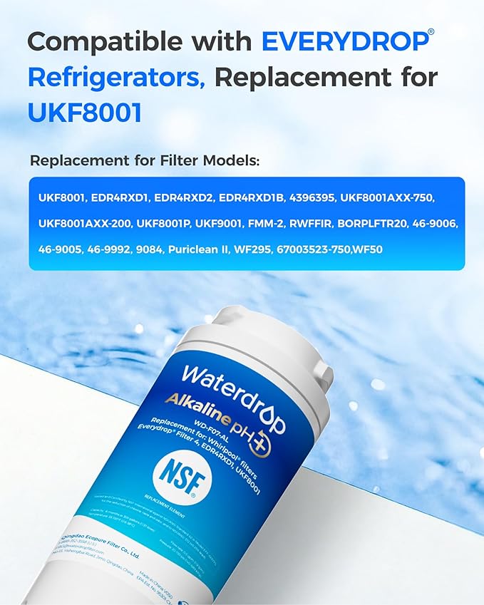 Waterdrop Alkaline UKF8001 Refrigerator Water Filter 4, Enhances pH, Replacement for Whirlpool® EDR4RXD1, EveryDrop® Filter 4, Maytag® UKF8001AXX-750, UKF8001AXX-200,WD-F07,2 Filters